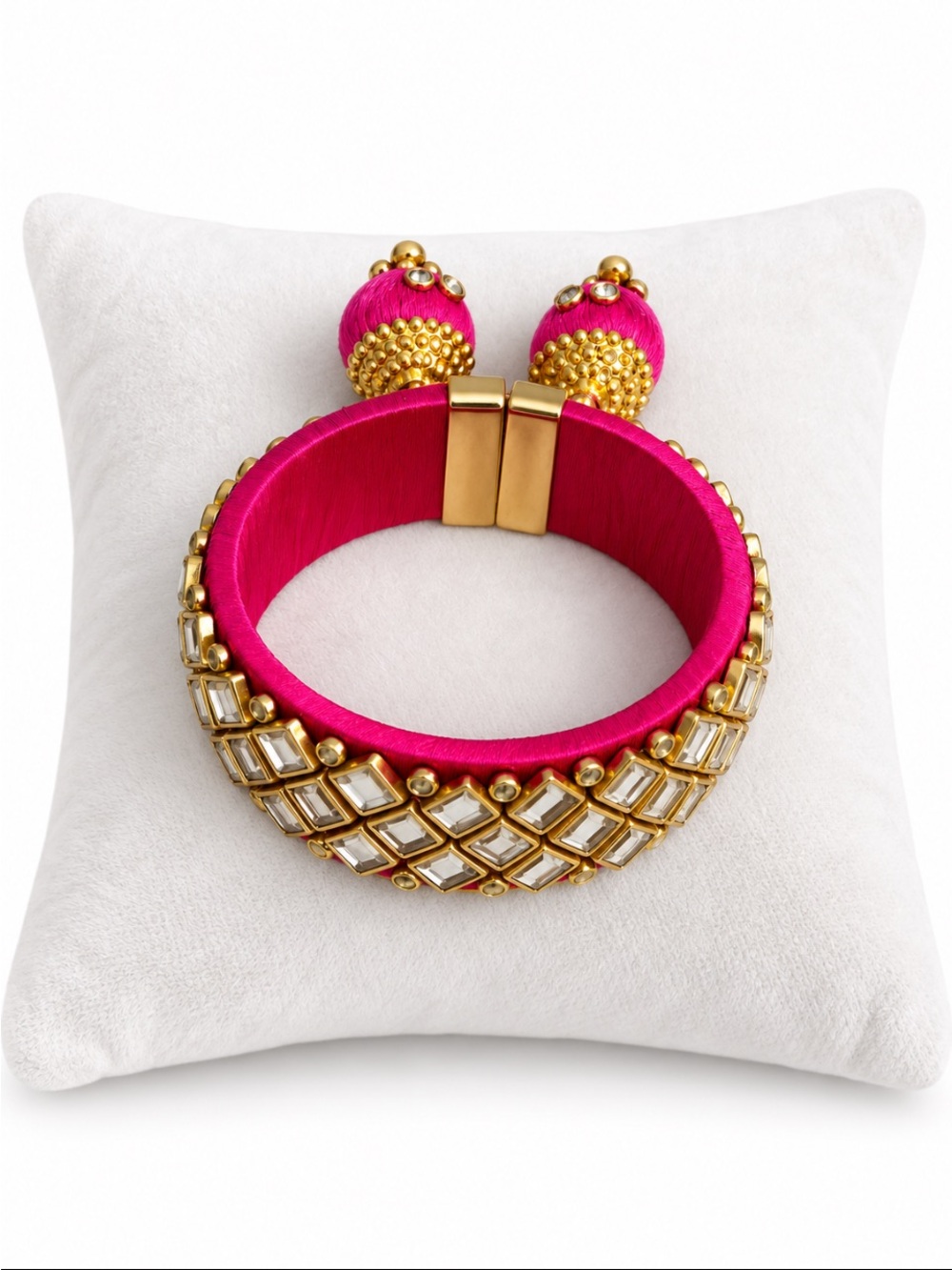 Hot Pink & Gold Crystal Statement Bangle Bracelet with Matching Jhumka Earrings